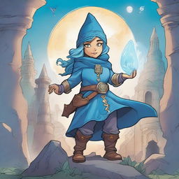 A comic book cover featuring a gnome sorceress wearing blue armor