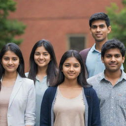 A multicultural group of international students standing at ease, including a student from India, presenting a neutral expression without smiling.