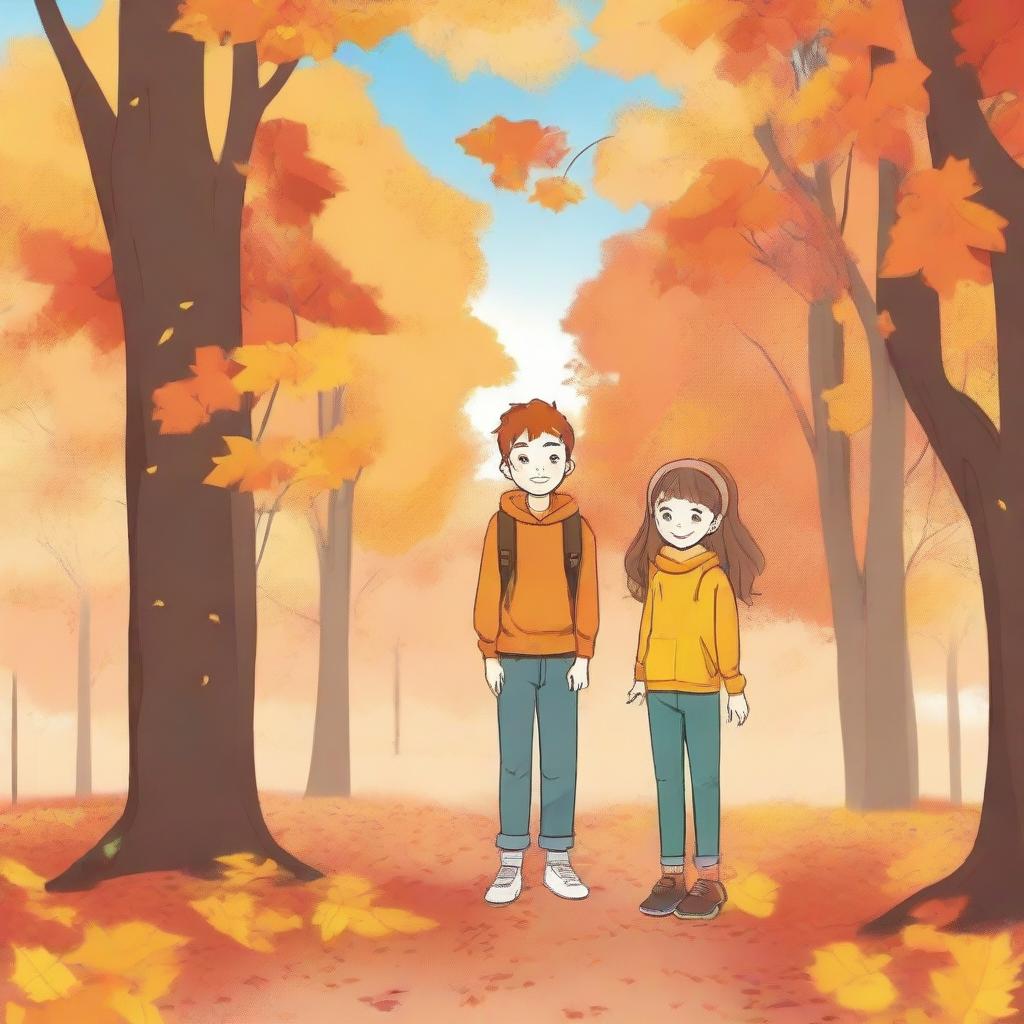 A boy and a girl standing together in an autumn setting, surrounded by colorful fallen leaves and trees with orange and yellow foliage