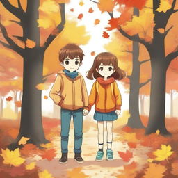 A boy and a girl standing together in an autumn setting, surrounded by colorful fallen leaves and trees with orange and yellow foliage