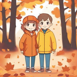 A boy and a girl standing together in an autumn setting, surrounded by colorful fallen leaves and trees with orange and yellow foliage