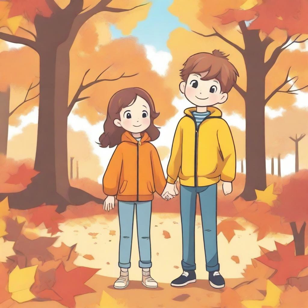 A boy and a girl standing together in an autumn setting, surrounded by colorful fallen leaves and trees with orange and yellow foliage