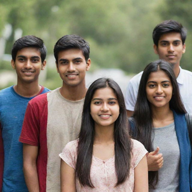 A multicultural group of international students standing at ease, including a student from India, presenting a neutral expression without smiling.