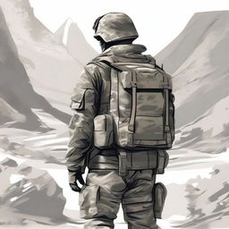 A detailed illustration of a soldier from the back view, dressed in combat fatigues