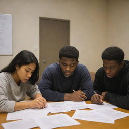 Five diverse international students from Asian and African backgrounds studying late at night, displaying signs of stress and fatigue in a well-lit study room.