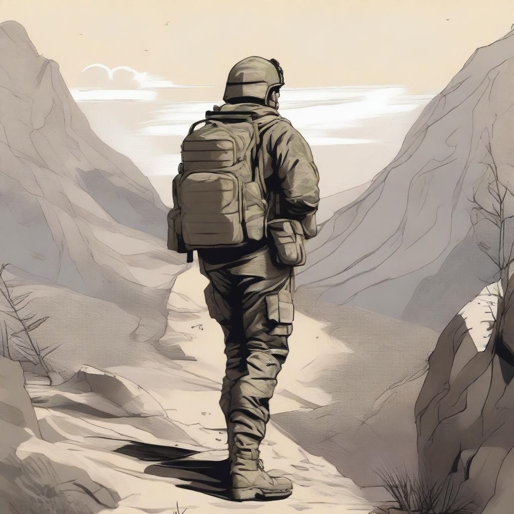 A detailed illustration of a soldier from the back view, dressed in combat fatigues