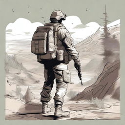 A detailed illustration of a soldier from the back view, dressed in combat fatigues