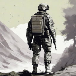 A detailed illustration of a soldier from the back view, dressed in combat fatigues