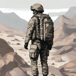 A detailed illustration of a soldier from the back view, dressed in combat fatigues