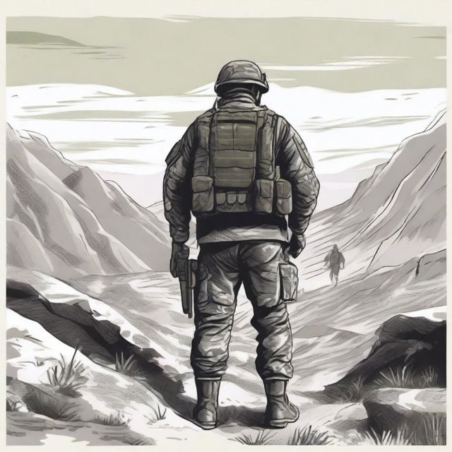 A detailed illustration of a soldier from the back view, dressed in combat fatigues