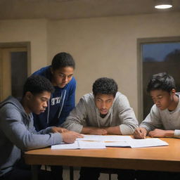 Five diverse international students from Asian and African backgrounds studying late at night, displaying signs of stress and fatigue in a well-lit study room.