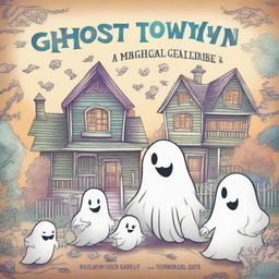 A high quality illustration for a book cover titled: 'Ghost Town Coloring: Magical Images of Ghosts, Monsters, and Cozy Haunted Places