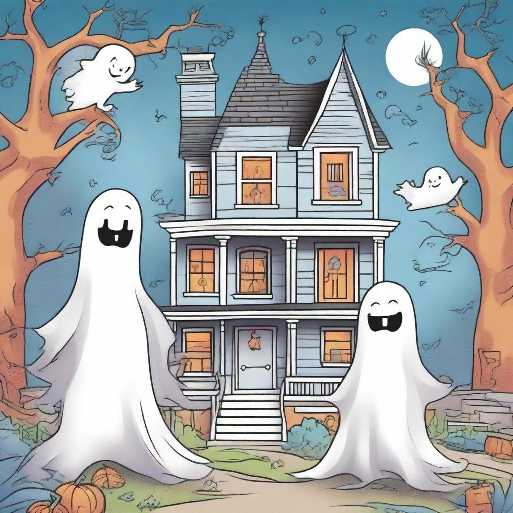 A high quality illustration for a book cover titled: 'Ghost Town Coloring: Magical Images of Ghosts, Monsters, and Cozy Haunted Places