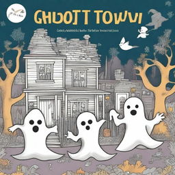 A high quality illustration for a book cover titled: 'Ghost Town Coloring: Magical Images of Ghosts, Monsters, and Cozy Haunted Places