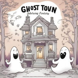 A high quality illustration for a book cover titled: 'Ghost Town Coloring: Magical Images of Ghosts, Monsters, and Cozy Haunted Places