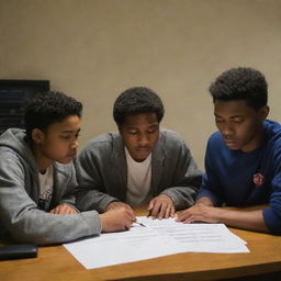 Five diverse international students from Asian and African backgrounds studying late at night, displaying signs of stress and fatigue in a well-lit study room.