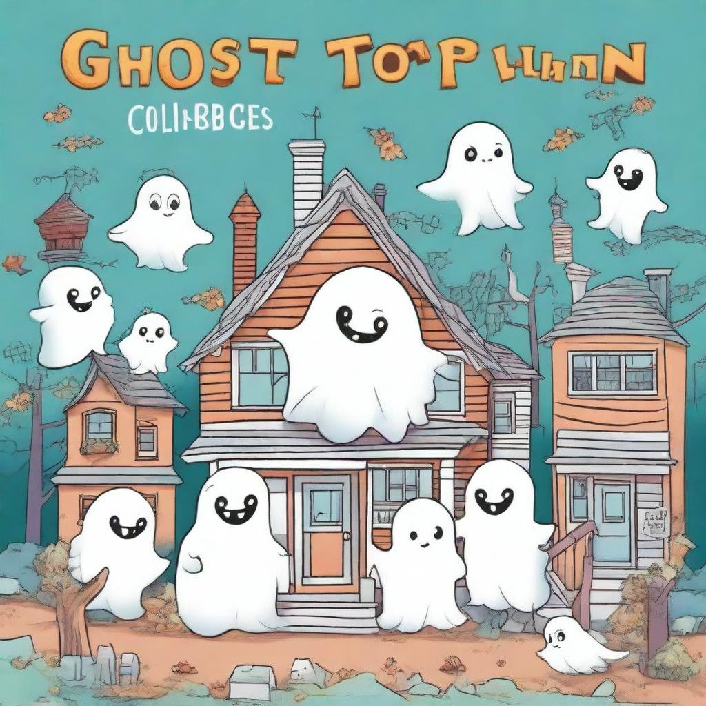 A high quality illustration for a book cover titled: 'Ghost Town Coloring: Magical and Cute Images of Ghosts, Monsters, Witches, Cozy Haunted Places and More