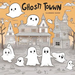 A high quality illustration for a book cover titled: 'Ghost Town Coloring: Magical and Cute Images of Ghosts, Monsters, Witches, Cozy Haunted Places and More