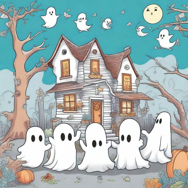 A high quality illustration for a book cover titled: 'Ghost Town Coloring: Magical and Cute Images of Ghosts, Monsters, Witches, Cozy Haunted Places and More