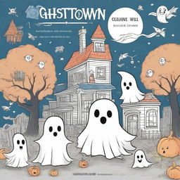 A high quality illustration for a book cover titled: 'Ghost Town Coloring: Magical and Cute Images of Ghosts, Monsters, Witches, Cozy Haunted Places and More