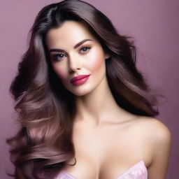 Create a realistic and original image of a woman with long hair and pink lipstick