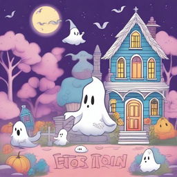 A high quality illustration for a book cover titled: 'Ghost Town Coloring: Magical and Cute Images of Ghosts, Monsters, Witches, Cozy Haunted Places and More