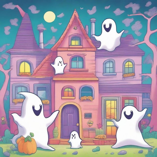 A high quality illustration for a book cover titled: 'Ghost Town Coloring: Magical and Cute Images of Ghosts, Monsters, Witches, Cozy Haunted Places and More