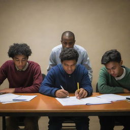 Five diverse international students from Asian and African backgrounds studying late at night, displaying signs of stress and fatigue in a well-lit study room.