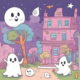 A high quality illustration for a book cover titled: 'Ghost Town Coloring: Magical and Cute Images of Ghosts, Monsters, Witches, Cozy Haunted Places and More