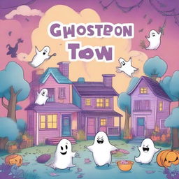 A high quality illustration for a book cover titled: 'Ghost Town Coloring: Magical and Cute Images of Ghosts, Monsters, Witches, Cozy Haunted Places and More