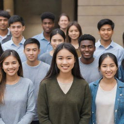 A diverse group of international students standing neutrally, without smiling, including an Asian and an African student among them.