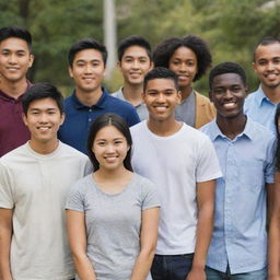 A diverse group of international students standing neutrally, without smiling, including an Asian and an African student among them.