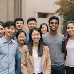 A diverse group of international students standing neutrally, without smiling, including an Asian and an African student among them.