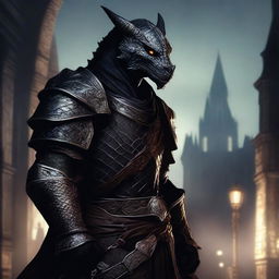 A Dragonborn assassin, clad in dark, stealthy armor with intricate designs, lurking in the shadows