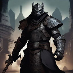 A Dragonborn assassin, clad in dark, stealthy armor with intricate designs, lurking in the shadows