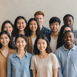 A diverse group of international students standing neutrally, without smiling, including an Asian and an African student among them.