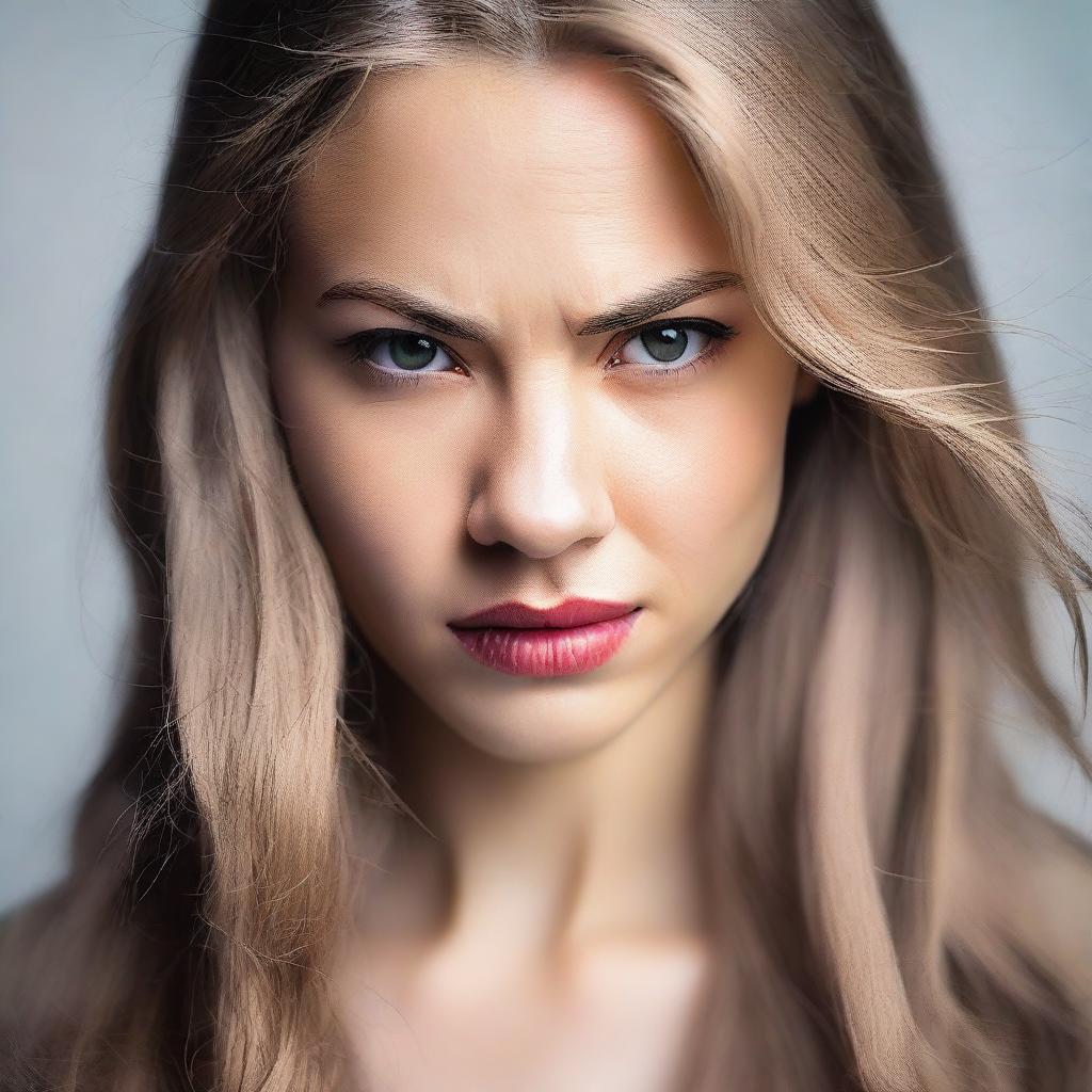 A beautiful young woman with an angry expression on her face