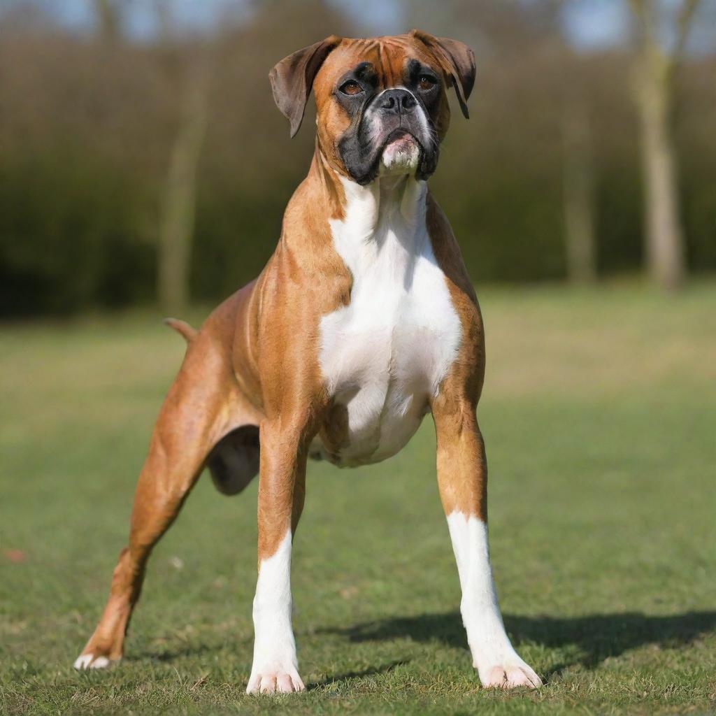 A healthy and vibrant Boxer dog with a glossy coat, proudly standing and exuding an air of strength and playfulness