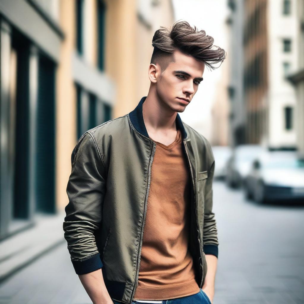 A handsome young man with stylish hair and a confident expression, wearing trendy clothes and standing in a modern urban setting