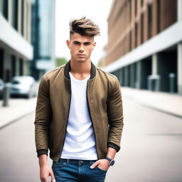 A handsome young man with stylish hair and a confident expression, wearing trendy clothes and standing in a modern urban setting