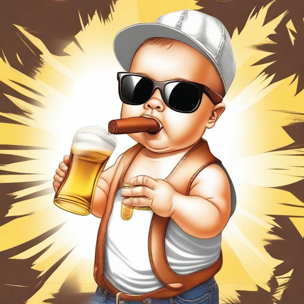 A very cute baby holding a beer bottle, wearing sunglasses, and with a cigar in his mouth