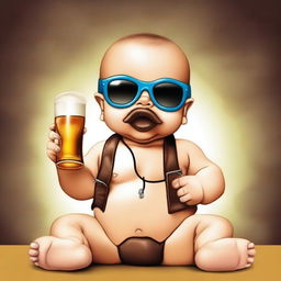 A very cute baby holding a beer bottle, wearing sunglasses, and with a cigar in his mouth