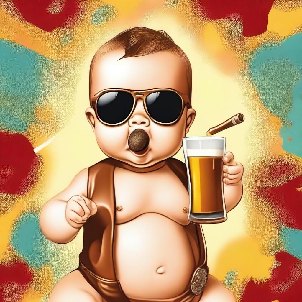 A very cute baby holding a beer bottle, wearing sunglasses, and with a cigar in his mouth