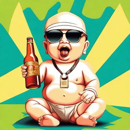 A very cute baby holding a beer bottle, wearing sunglasses, and with a cigar in his mouth