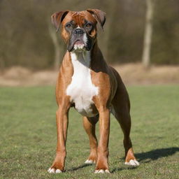 A healthy and vibrant Boxer dog with a glossy coat, proudly standing and exuding an air of strength and playfulness