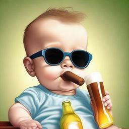 A cute, realistic baby wearing sunglasses and holding a cigar in its mouth, with a beer bottle nearby