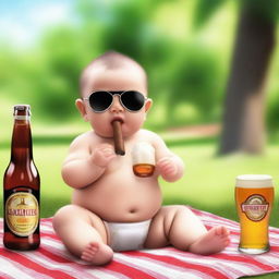 A cute, realistic baby wearing sunglasses and holding a cigar in its mouth, with a beer bottle nearby