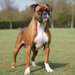 A healthy and vibrant Boxer dog with a glossy coat, proudly standing and exuding an air of strength and playfulness