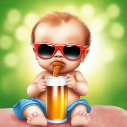 A cute, realistic baby wearing sunglasses and holding a cigar in its mouth, with a beer bottle nearby