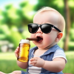 A cute, realistic baby wearing sunglasses and holding a cigar in its mouth, with a beer bottle nearby